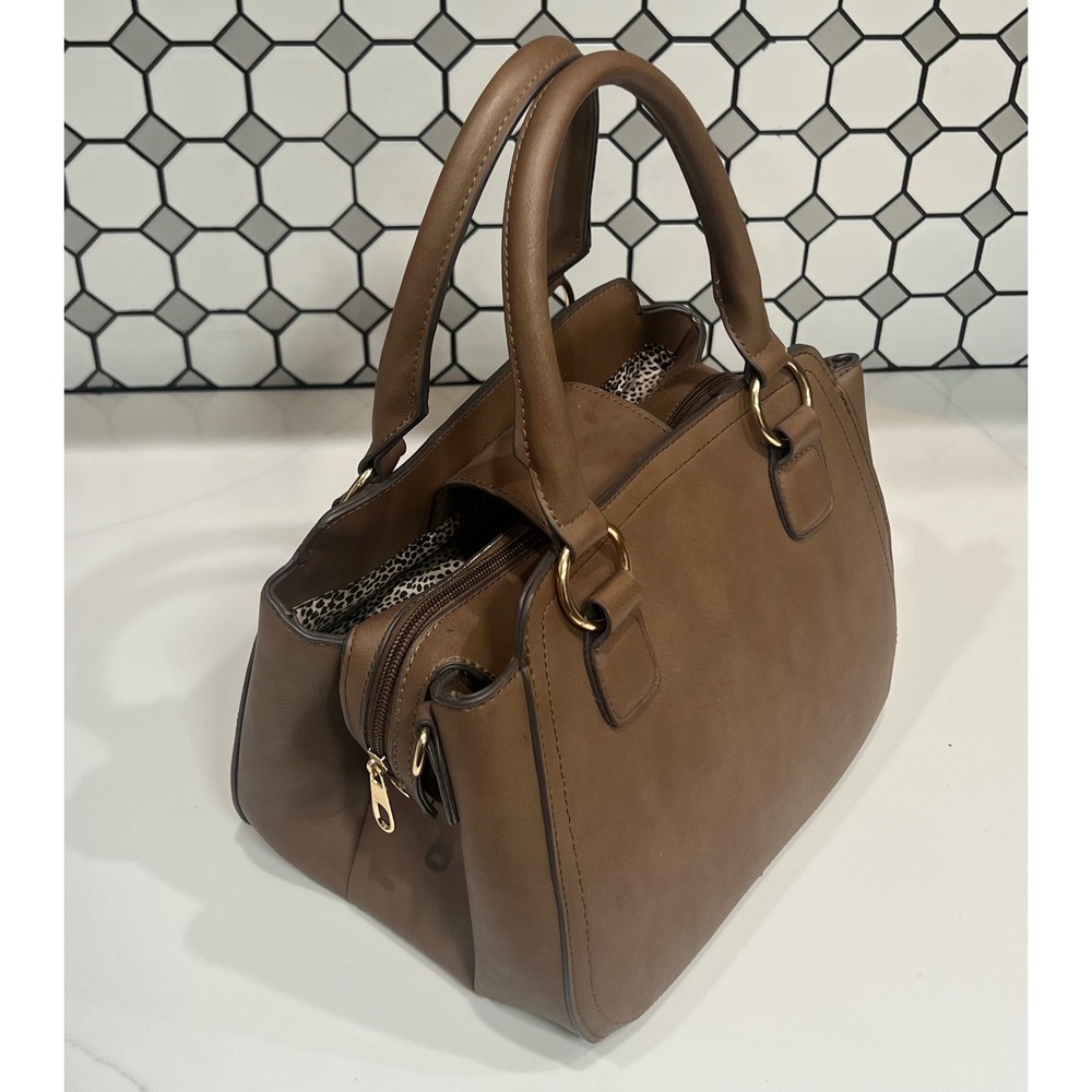 Brown Faux Leather Satchel Handbag Gold Hardware Cheetah Print Lining Tote Bag